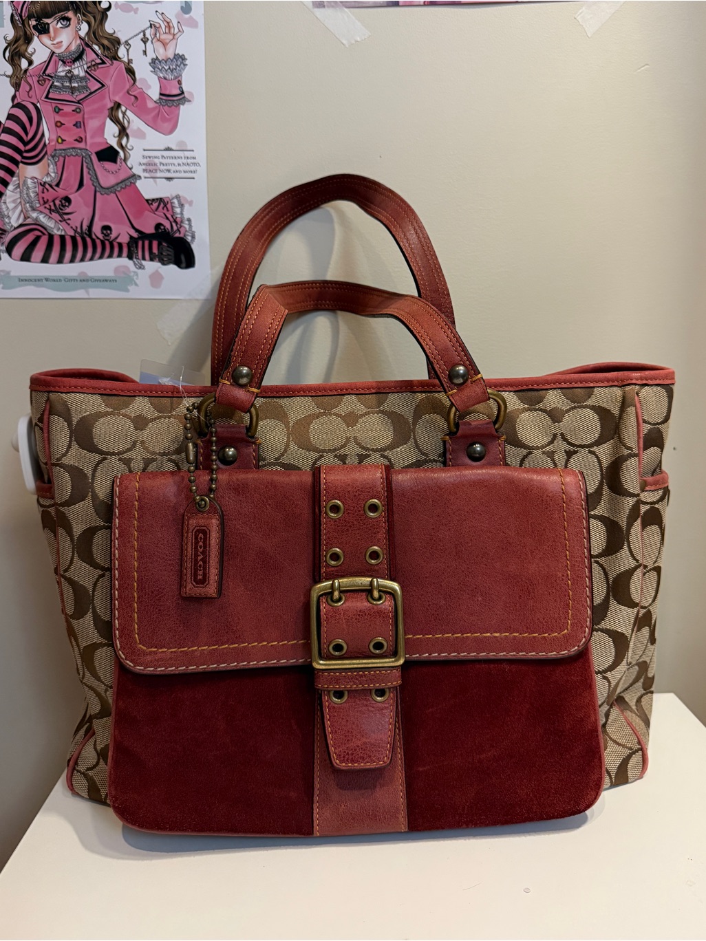 Coach Signature Canvas Tote With Red Leather & Suede Front Pocket